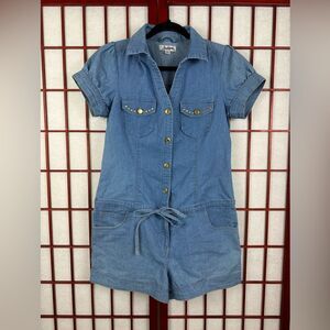 Y2K South Pole Medium Wash Soft Denim Romper Short Sleeve Embroidered M